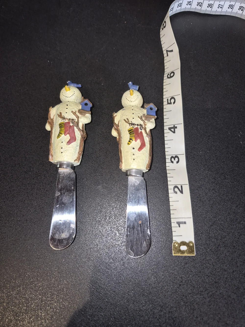 Vintage Christmas Cheese Spreaders Stainless Snowman Knife Knives Set-2